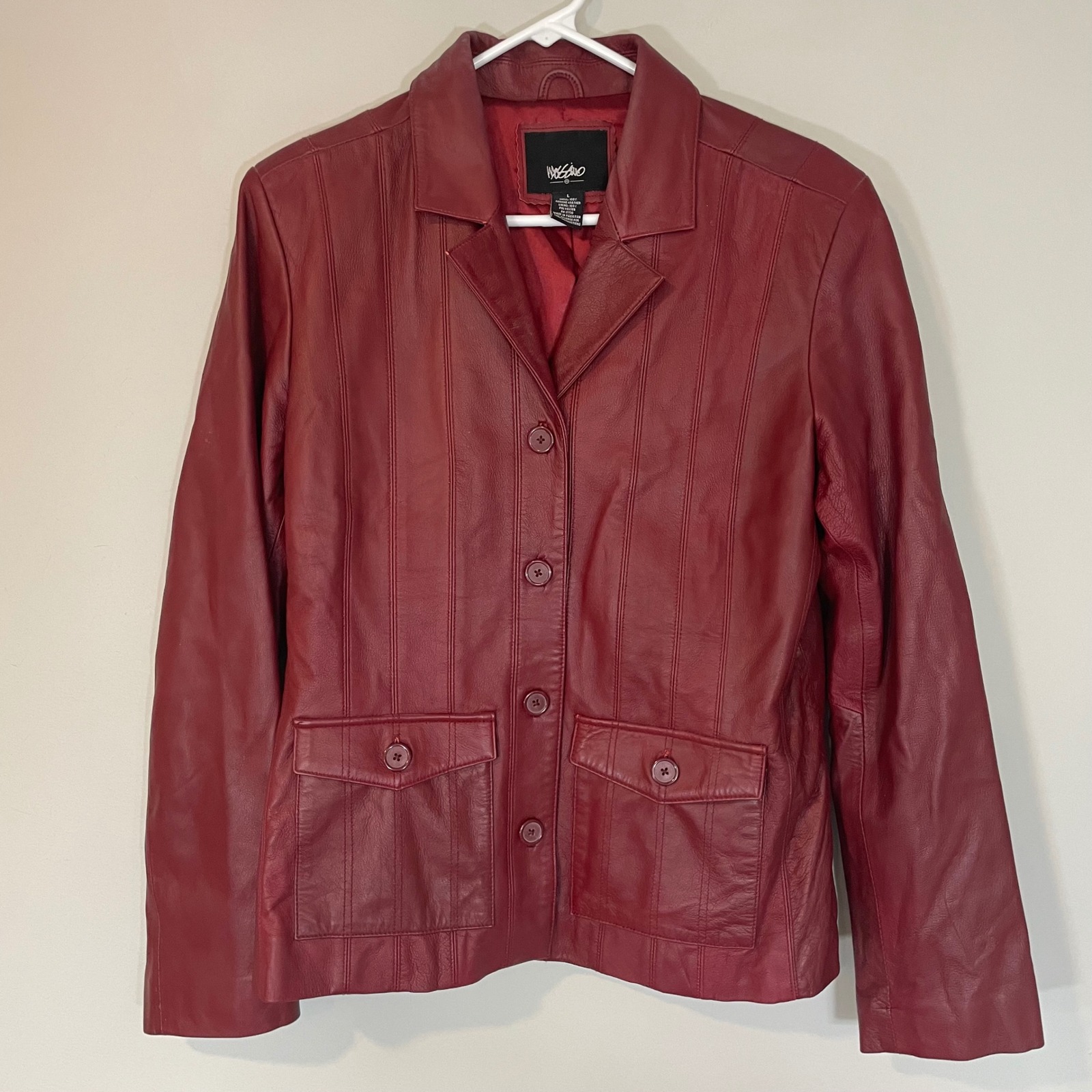 Vtg Mossimo Womens Burgundy Red Leather Blazer Jacket Button Front Size L Y2k